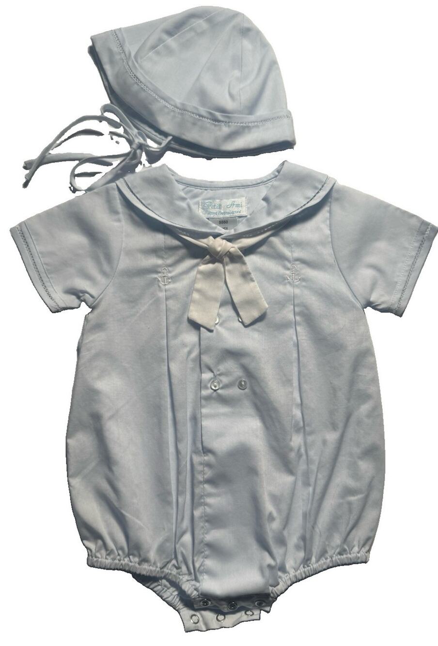 Petit Ami Baby Boy 3M Sailor Bubble Romper Bonnet Blue Nautical Anchor Outfit